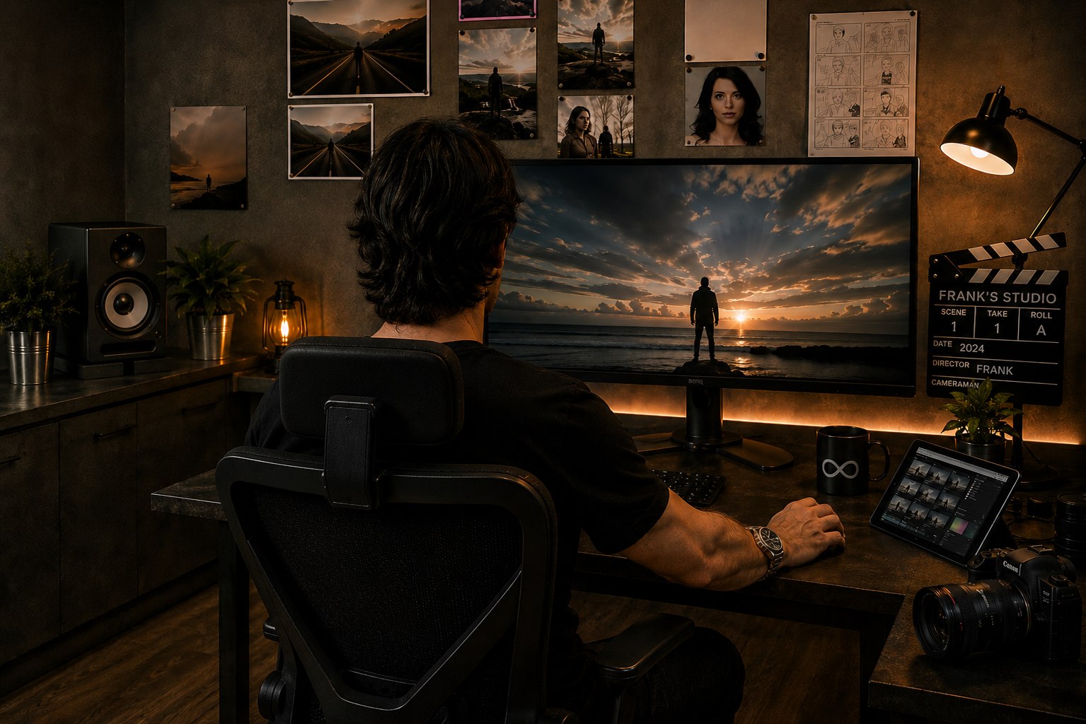 Frank at work in his studio, between photography and AI video production